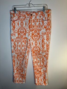 Chico’s Platinum Crop Jeans Orange White Ikat Print Size 1.5 Cropped Stretch